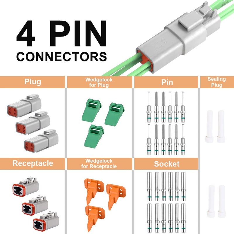 JRready ST6114 DT 4 Pin Connector DT06-4S DT04-4P Gray Waterproof Electrical Wire Connector with Deutsch Solid Contact Wire Size 14-20AWG and Sealing Plug,3 Sets - Image 2
